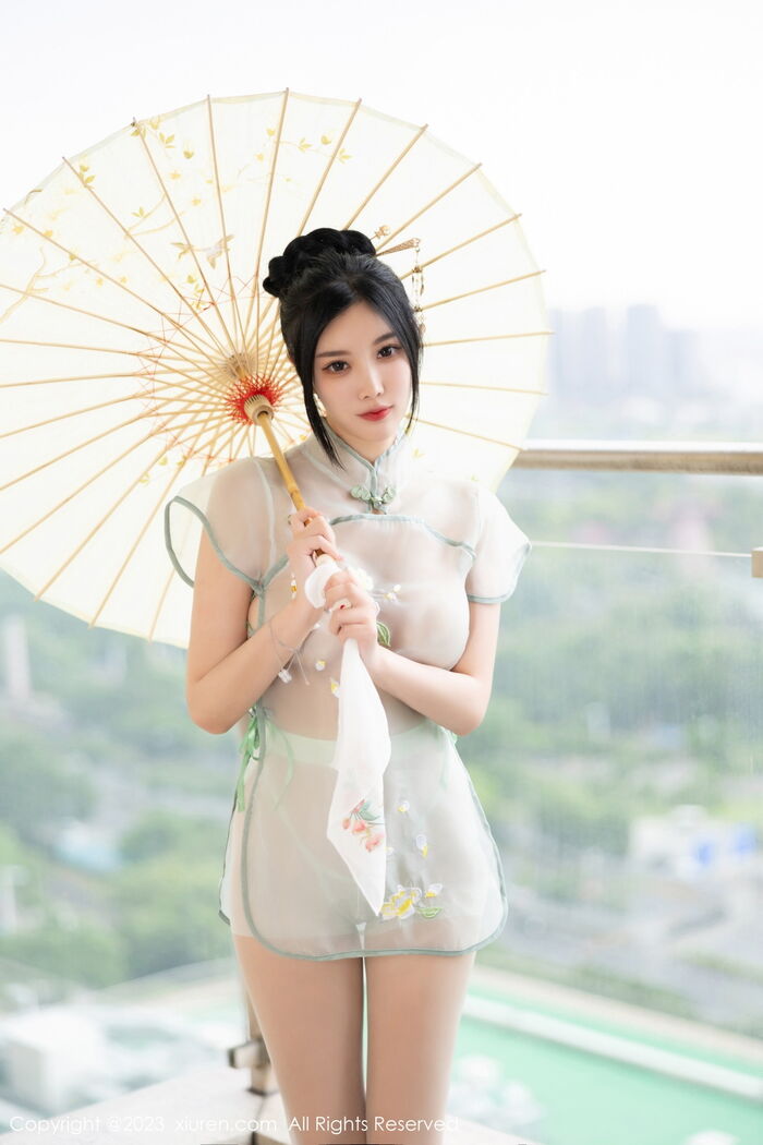 XiuRen 第7410th _Goddess 杨晨晨Yome 淡绿连衣长裙+轻透薄纱情趣旗袍惹火诱惑Photo 82P 44th image