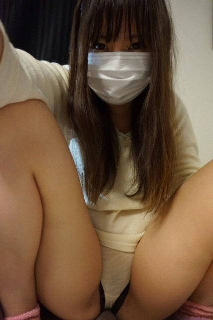 Little erotic selfie image of girls hiding only their faces with masks 16th image