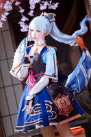 Online beauty Cherry Cat Ayaka Kamisato theme sexy Japanese outfit blue short skirt with white boat socks, showing off fair and beautiful legs, charming 34P